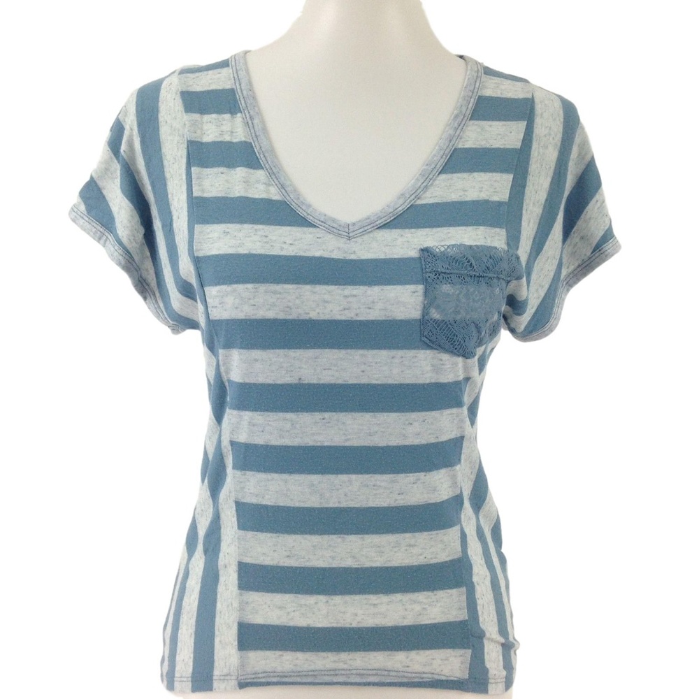 Vanity Blue & Gray Striped V Neck Top